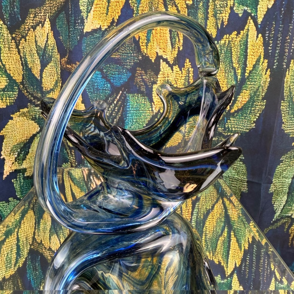 Murano Style Hand Blown Sooner Art Glasss Swan Blue Swirl Ruffled Centerpiece